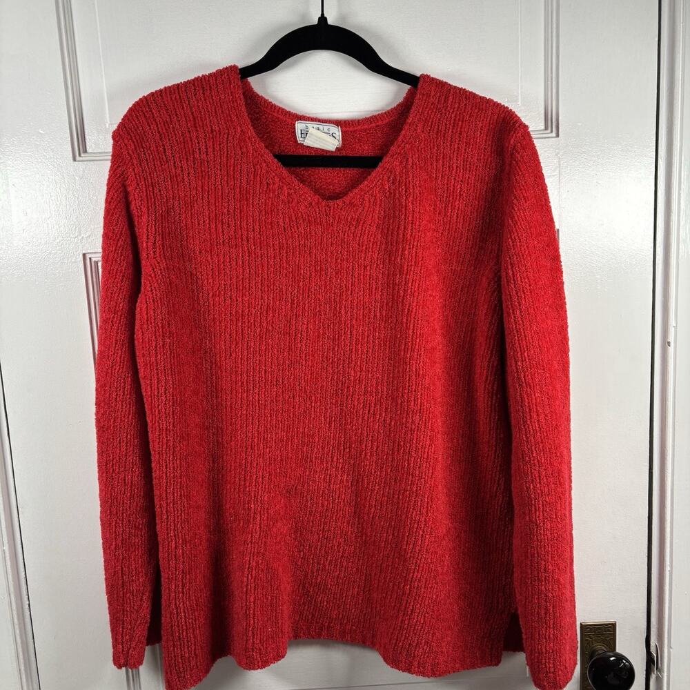 Y2K Chenille Sweater Women’s Size L‎ Red Knit V-Neck Pullover Soft Cozy